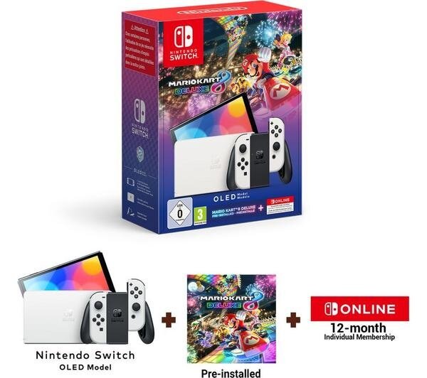 Nintendo Switch OLED Model White & Game Super Mario Kart 8 Deluxe + 12 Months Online