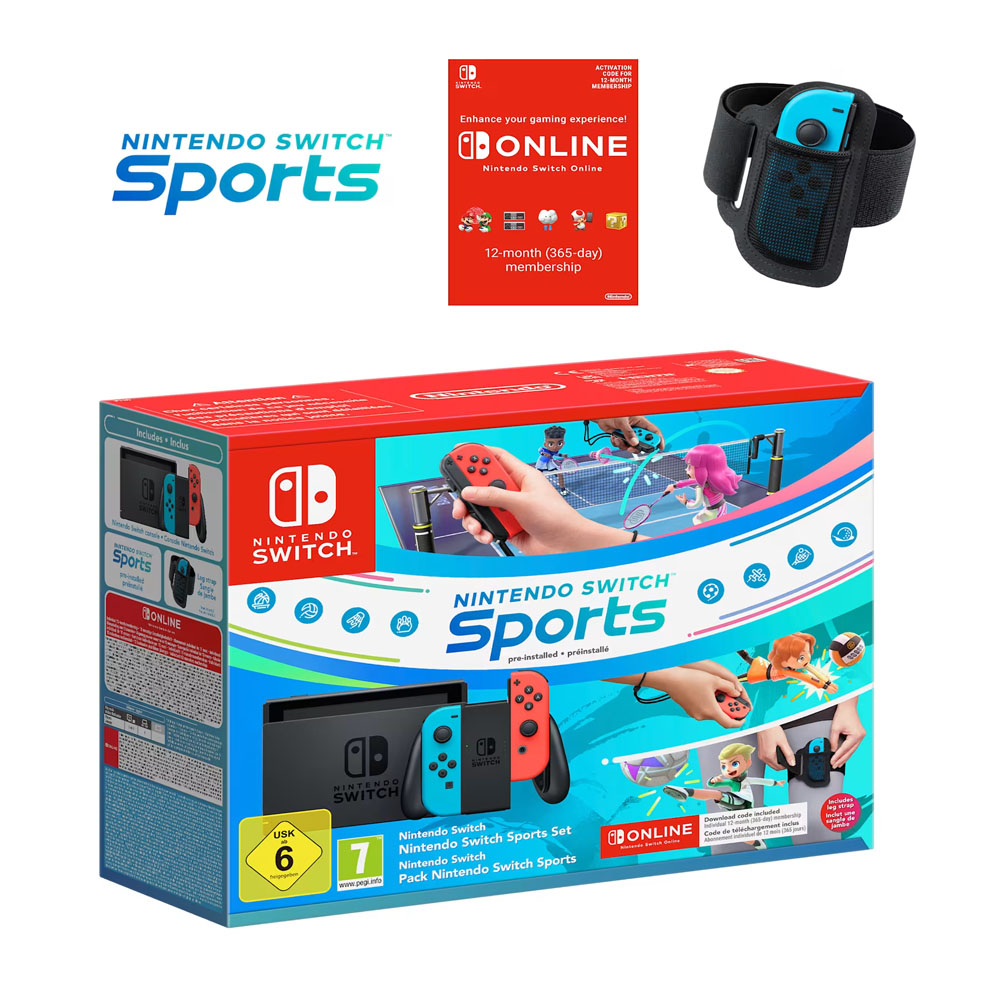 Nintendo Switch - Neon Blue + Neon Red Joy-Con + Game Sports + 12 Months Online