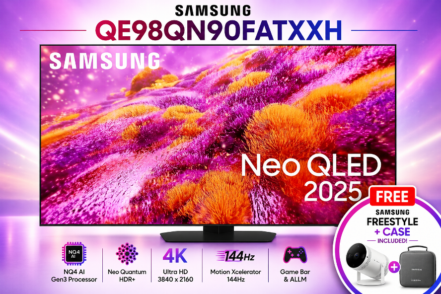 Samsung 98" Neo QLED QN90F 4K Samsung Vision AI Smart TV 2025 with Free Freestyle Projector & Case (QE98QN90FATXXH)